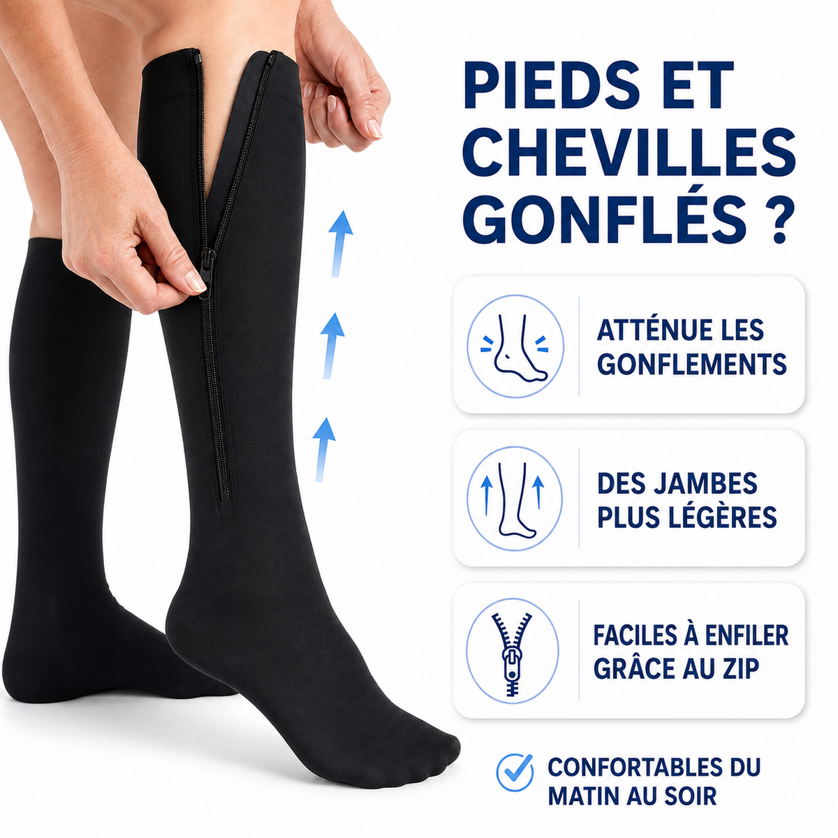 Bas de contention zippés Bienevia portés sur jambes - soulagement jambes lourdes